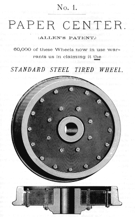 Paper-Cored railroad wheel as displayed in an Allen Paper Car Wheel Co. circular