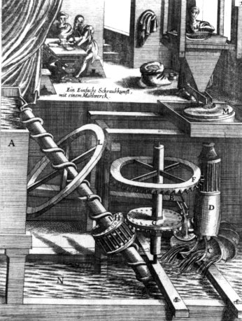 A late 17th century version of Fludd's perpetual motion machine grinding grain as shown in Böckler's Theatre of New Machines