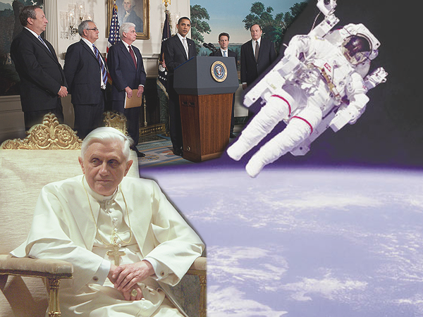 three pictures: president, pope, and astronaut in a collage