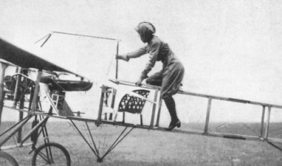 Harriet Quimby mounting her Moisant monoplane