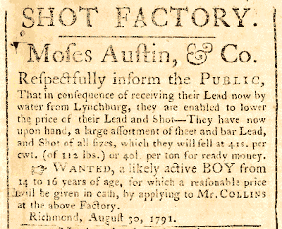 1791 Richmond newspaper ad for Moses Austin's lead factory