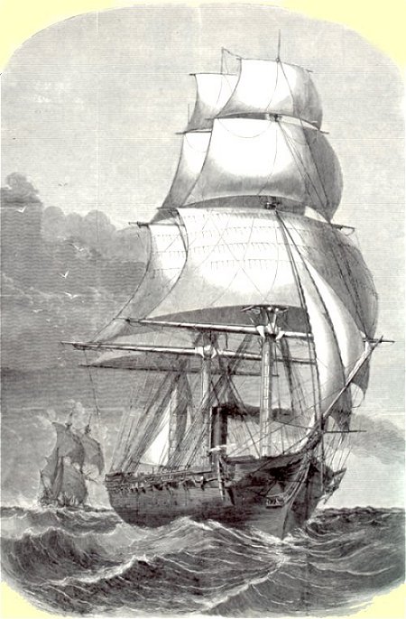 Closeup view of the sort of steam/sail vessel that appears in the background of the Lane painting