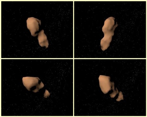 Four views of the asteroid Toutatis. (Image courtesy of NASA)