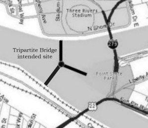 The approximate layout of the Roebling's Tripartite Bridge