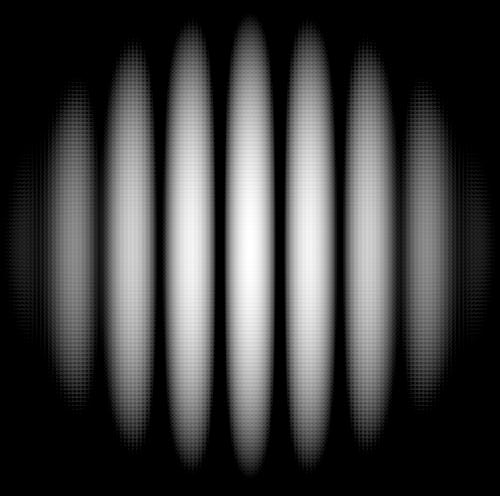Pattern left by electrons passing through only two slits.