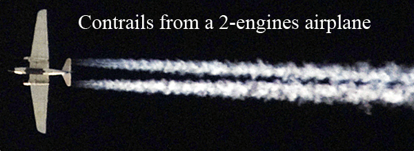 Contrails from a high-altitude, two-engine airplane