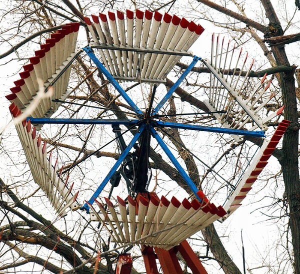 Closeup of the sectional windmill at Harold Warp's Pioneer Village Museum