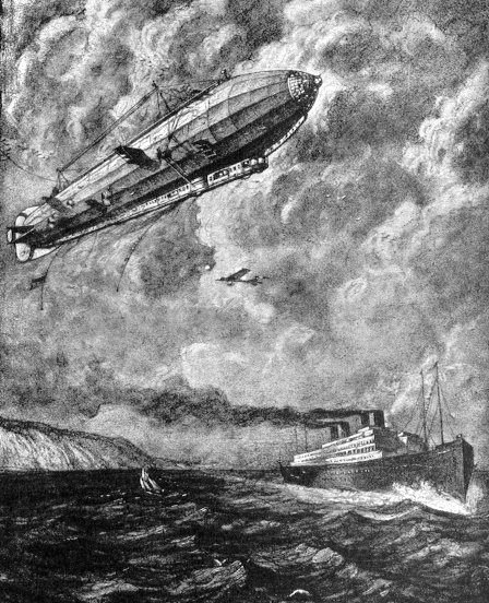 An artist for the 1910 Century Magazine imagines Zeppelin travel in 1915